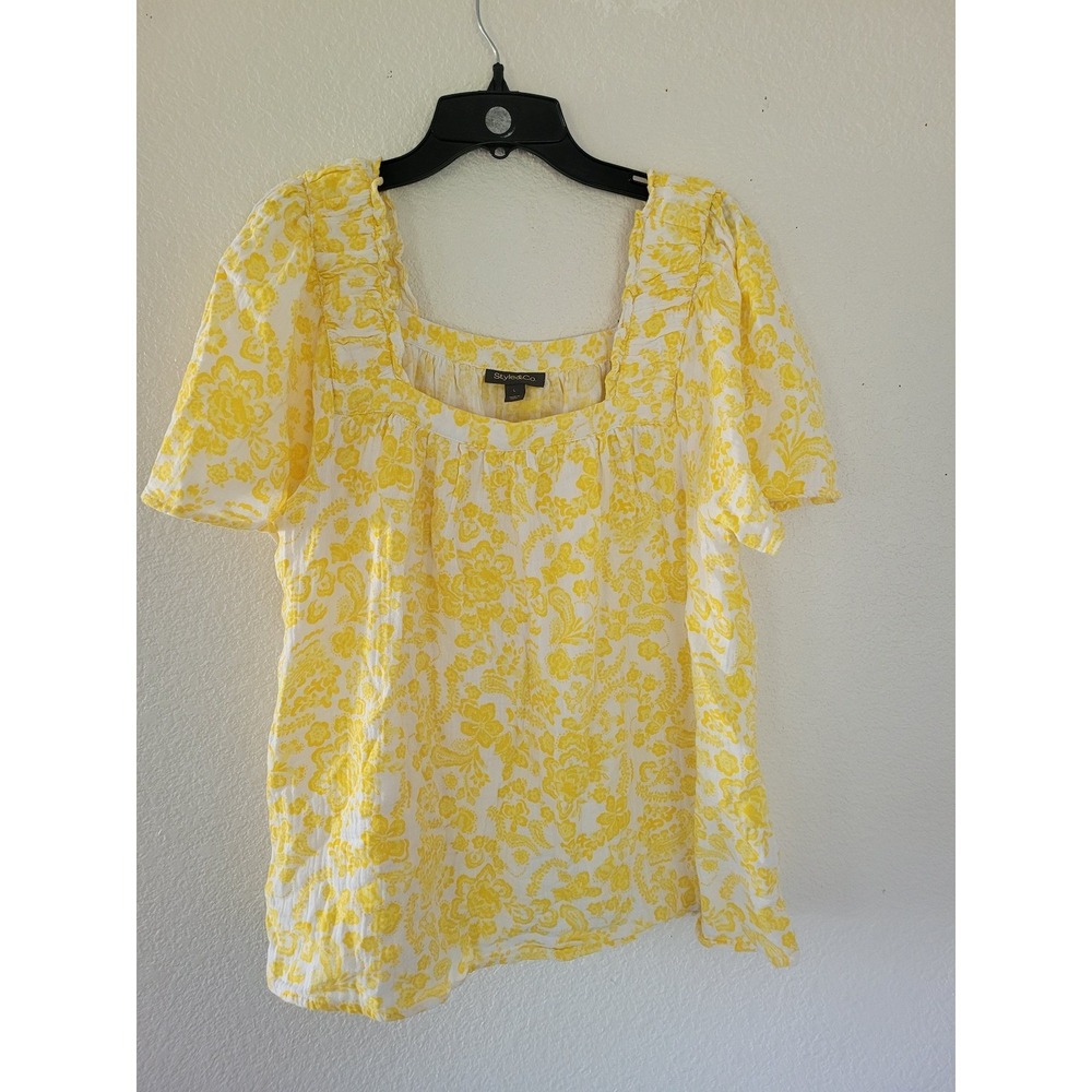 Style‎ & Co Yellow Floral Paisley Square Neck Smocked Puff Sleeve Top L #20